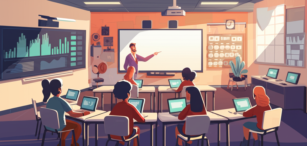 Modern classroom with students and a teacher, representing educational job opportunities.